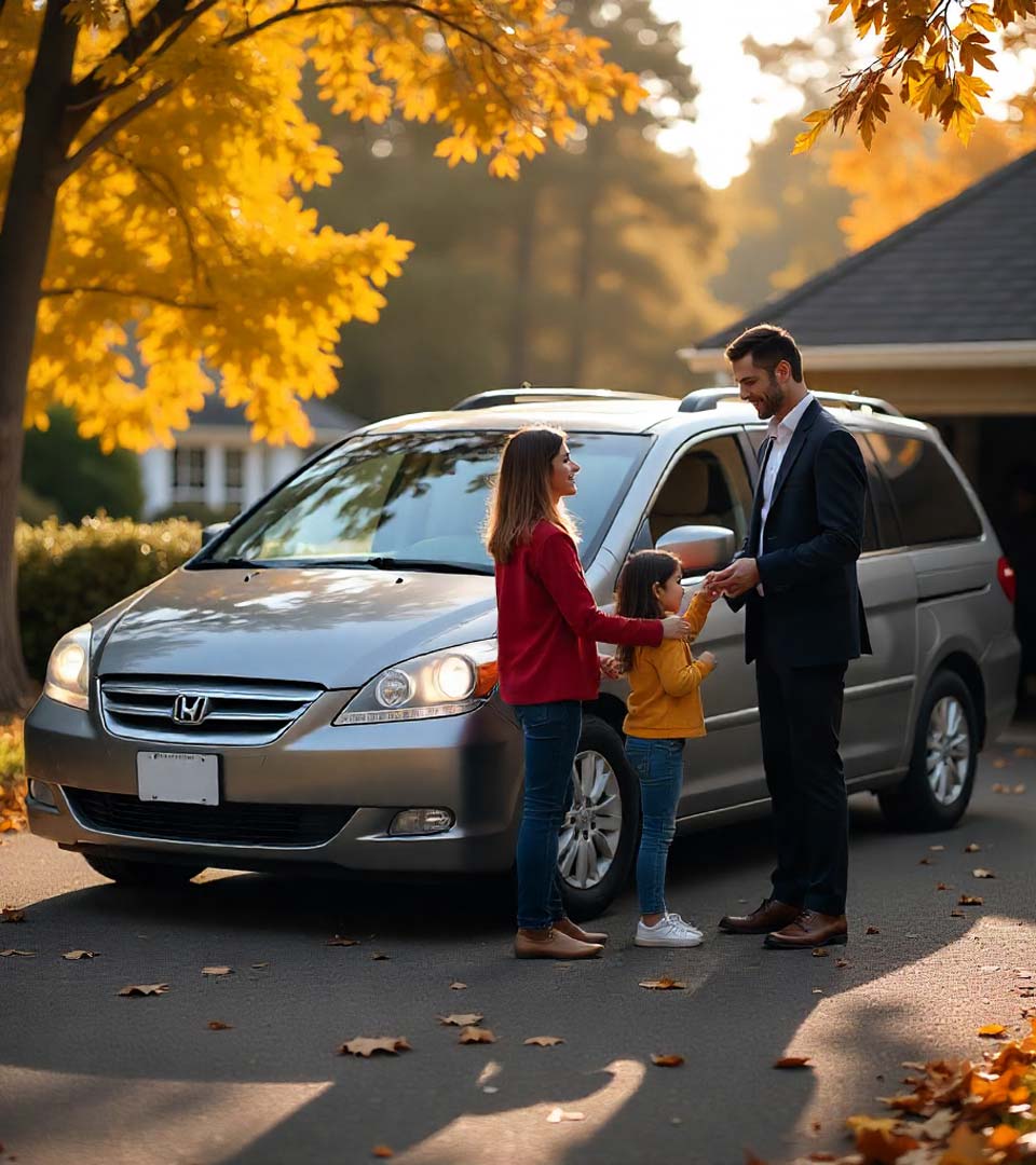 Eine Familie übergibt ein Auto an einen Händler beim Autoankauf Konstanz vor dem Haus